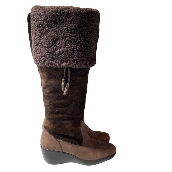Sperry Womens Suede Shearling tall Winter boots size 6.5/7? brown wedge tassel - Picture 1 of 9